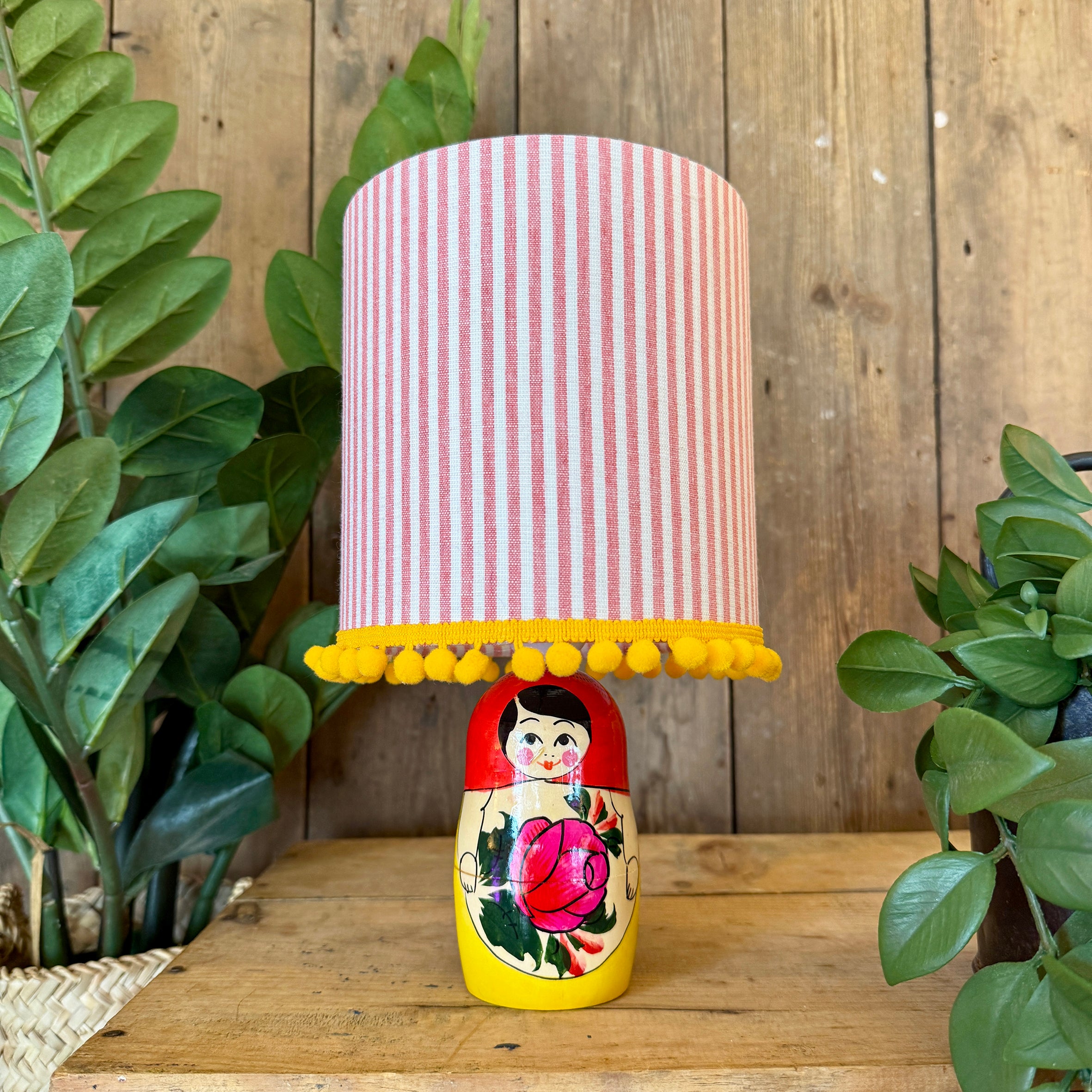 Small Handmade Dinky Doll Cordless Lamp with Pink Candy Stripe Shade