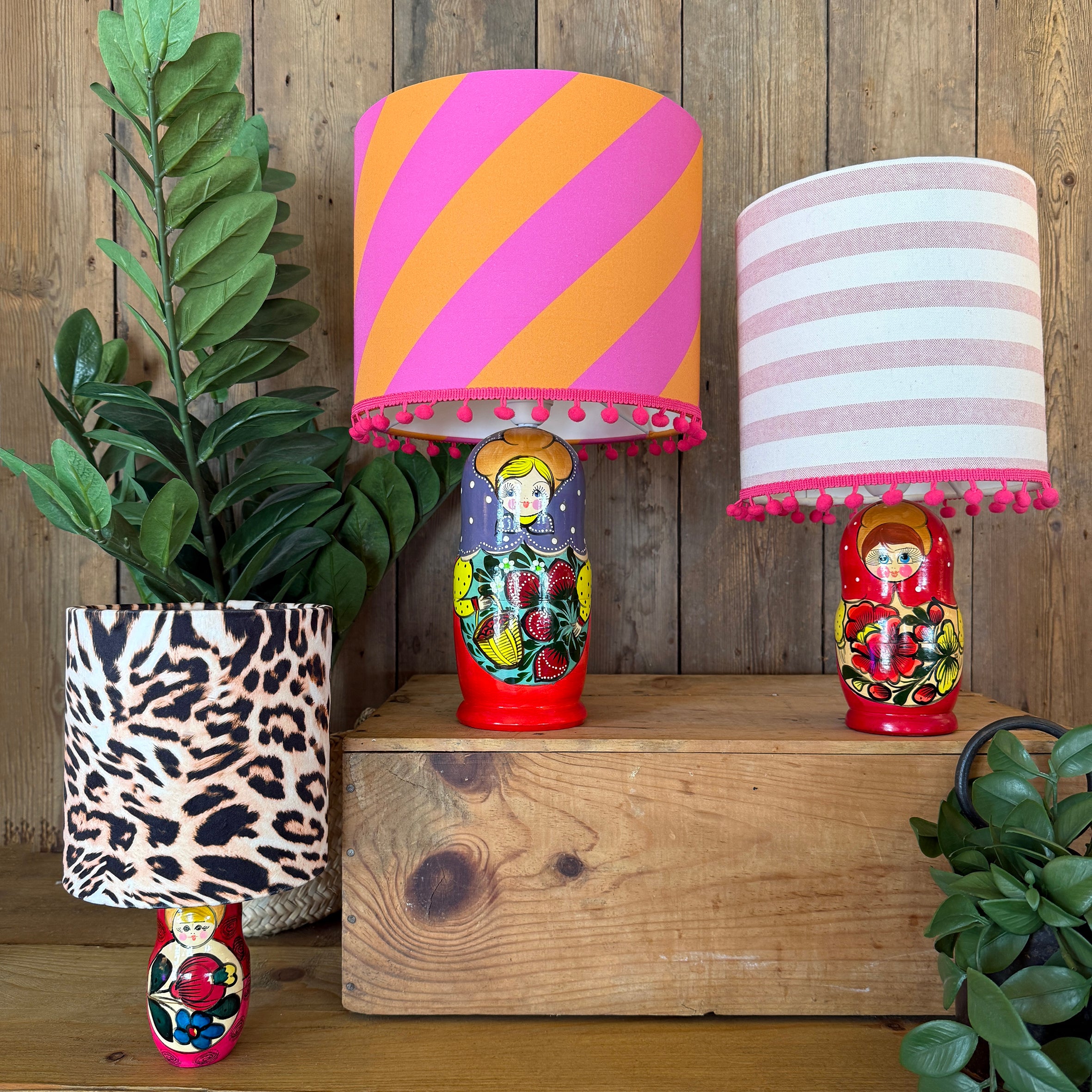 Large Handmade Dinky Doll Cordless Lamp with Tutti Frutti Stripe