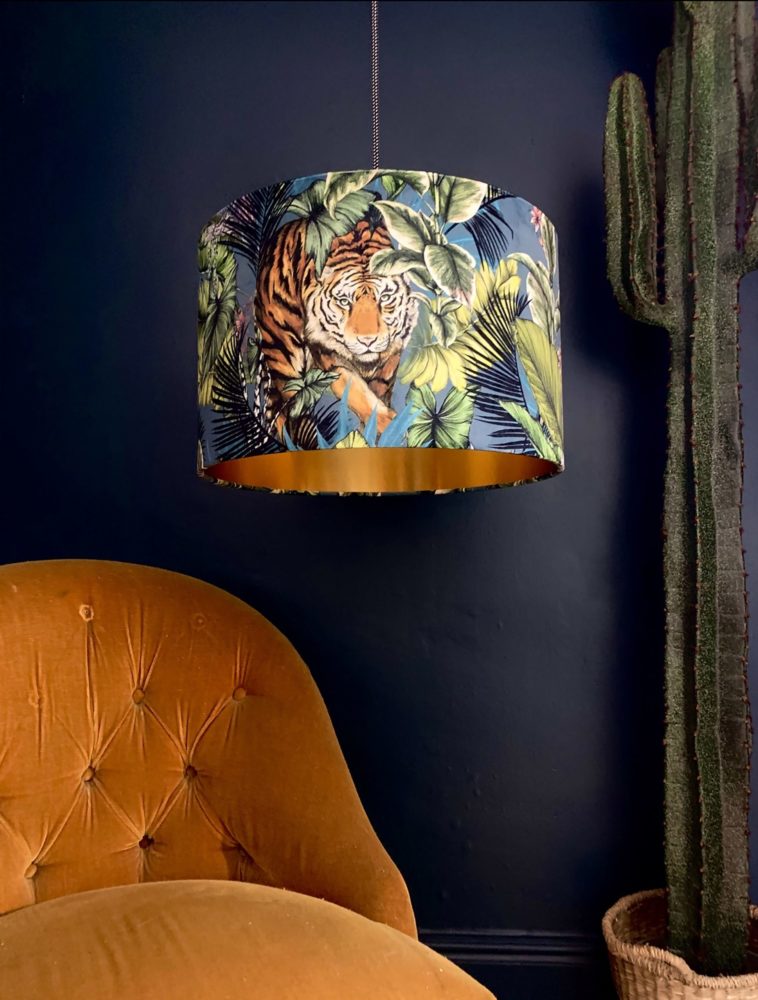 Big Cat Velvet Lampshade With Gold Lining In Flint Blue