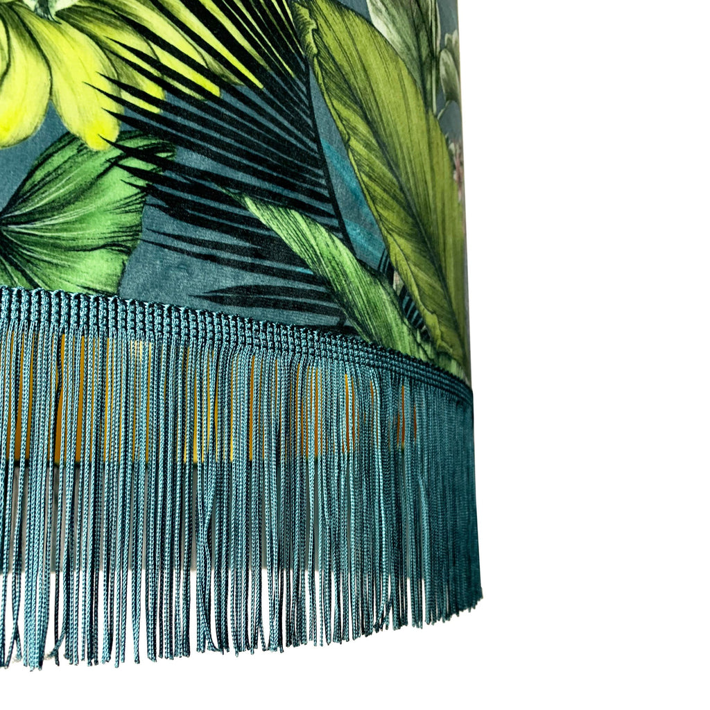 Big Cat Velvet Lampshade With Gold Lining and Fringing in Flint Blue