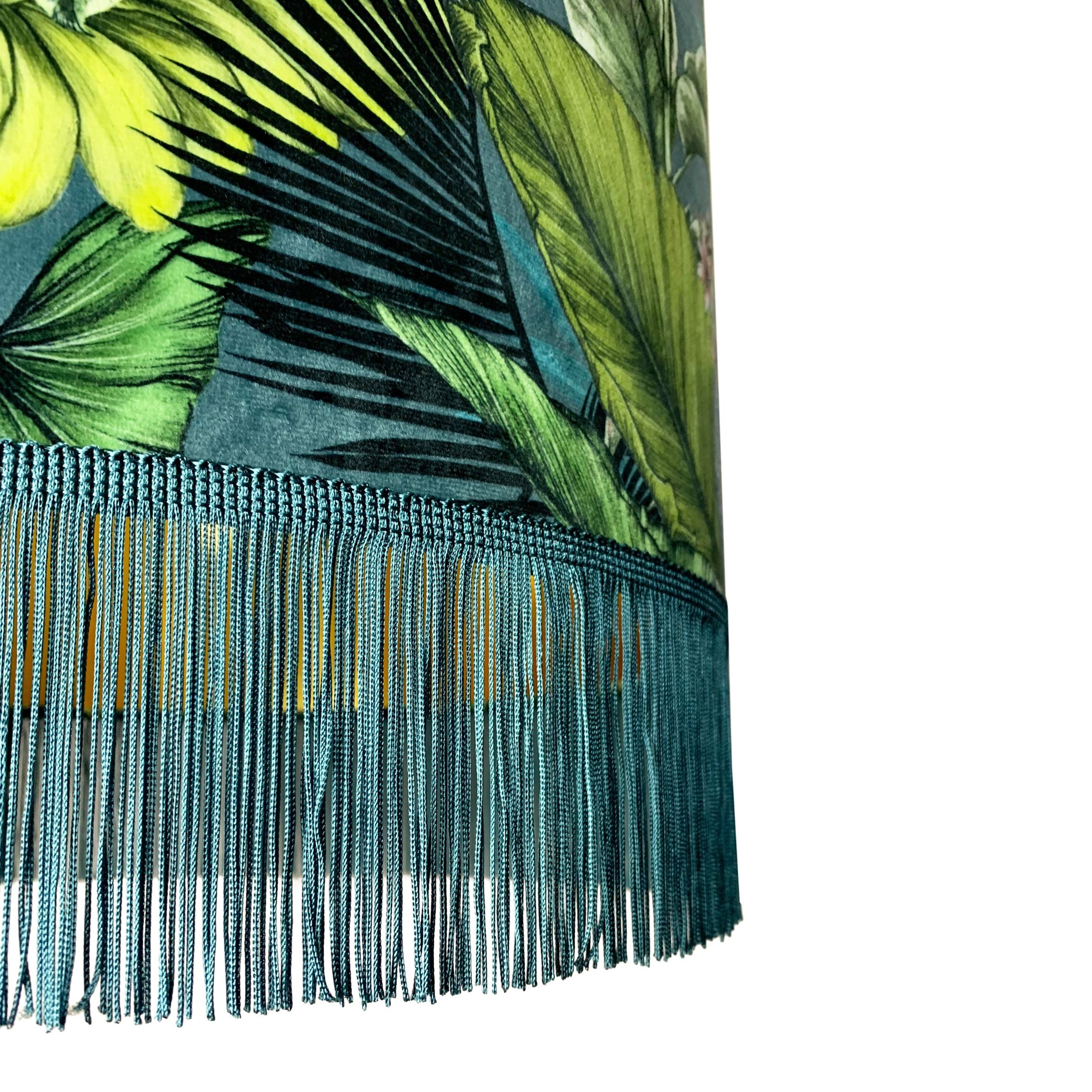 Big Cat Velvet Lampshade With Gold Lining and Fringing in Flint Blue