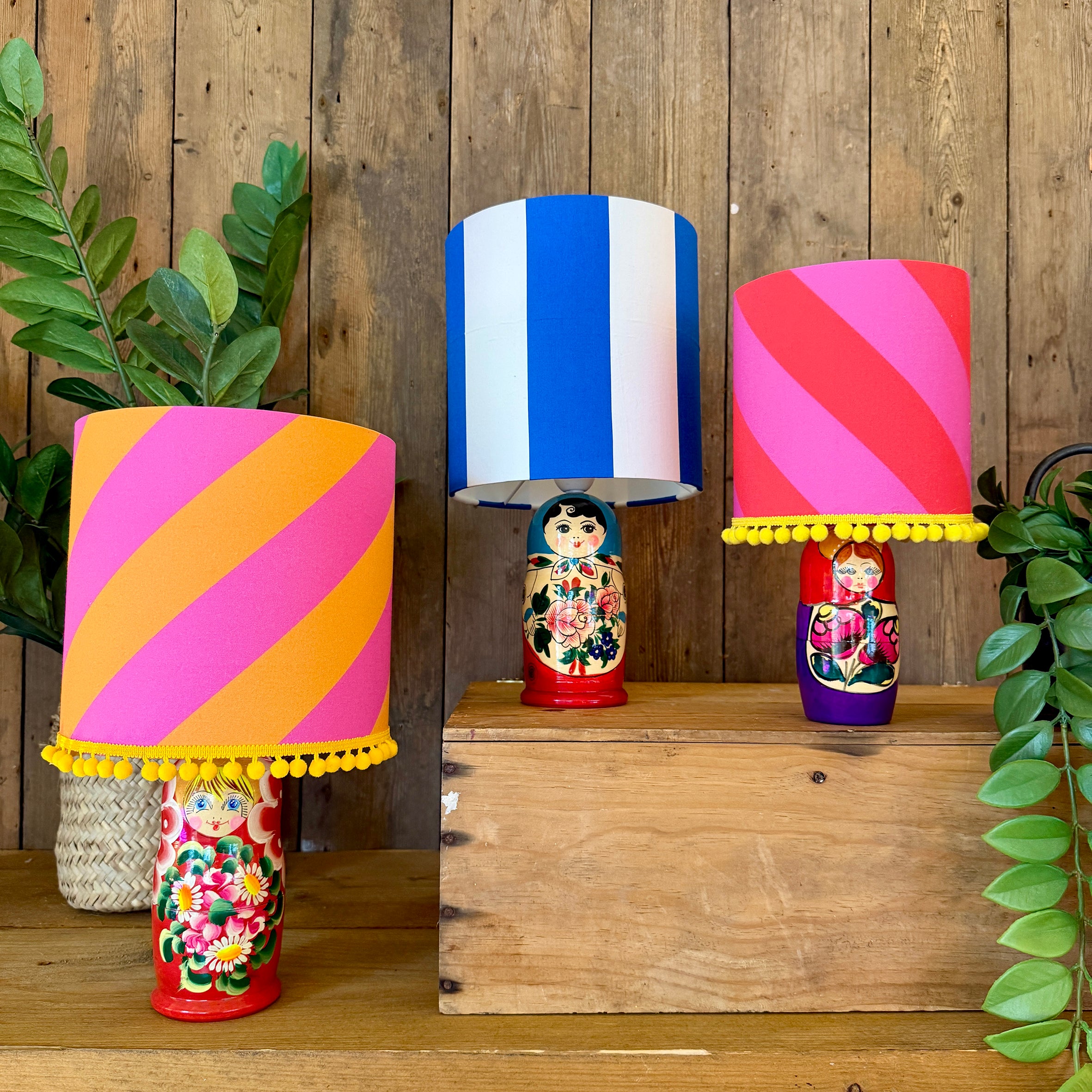 Small Handmade Dinky Doll Cordless Lamp with Sand Circus Stripe Shade