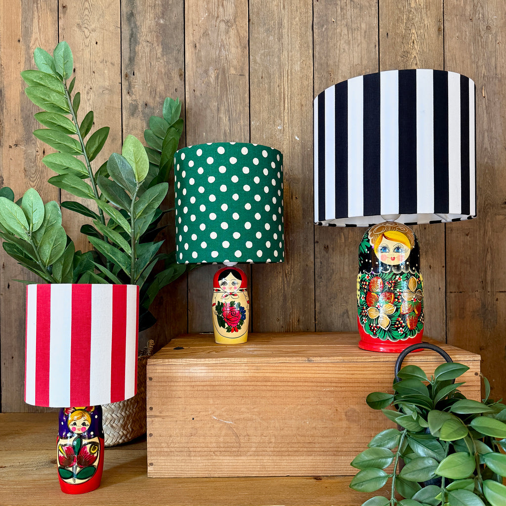 Extra Large Handmade Dinky Doll Cordless Lamp with Black and White Striped Shade