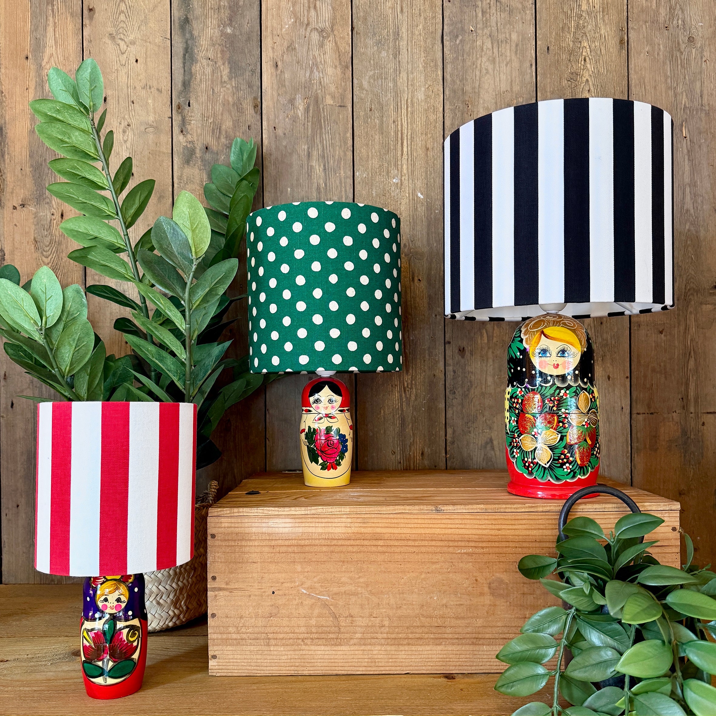 Extra Large Handmade Dinky Doll Cordless Lamp with Black and White Striped Shade