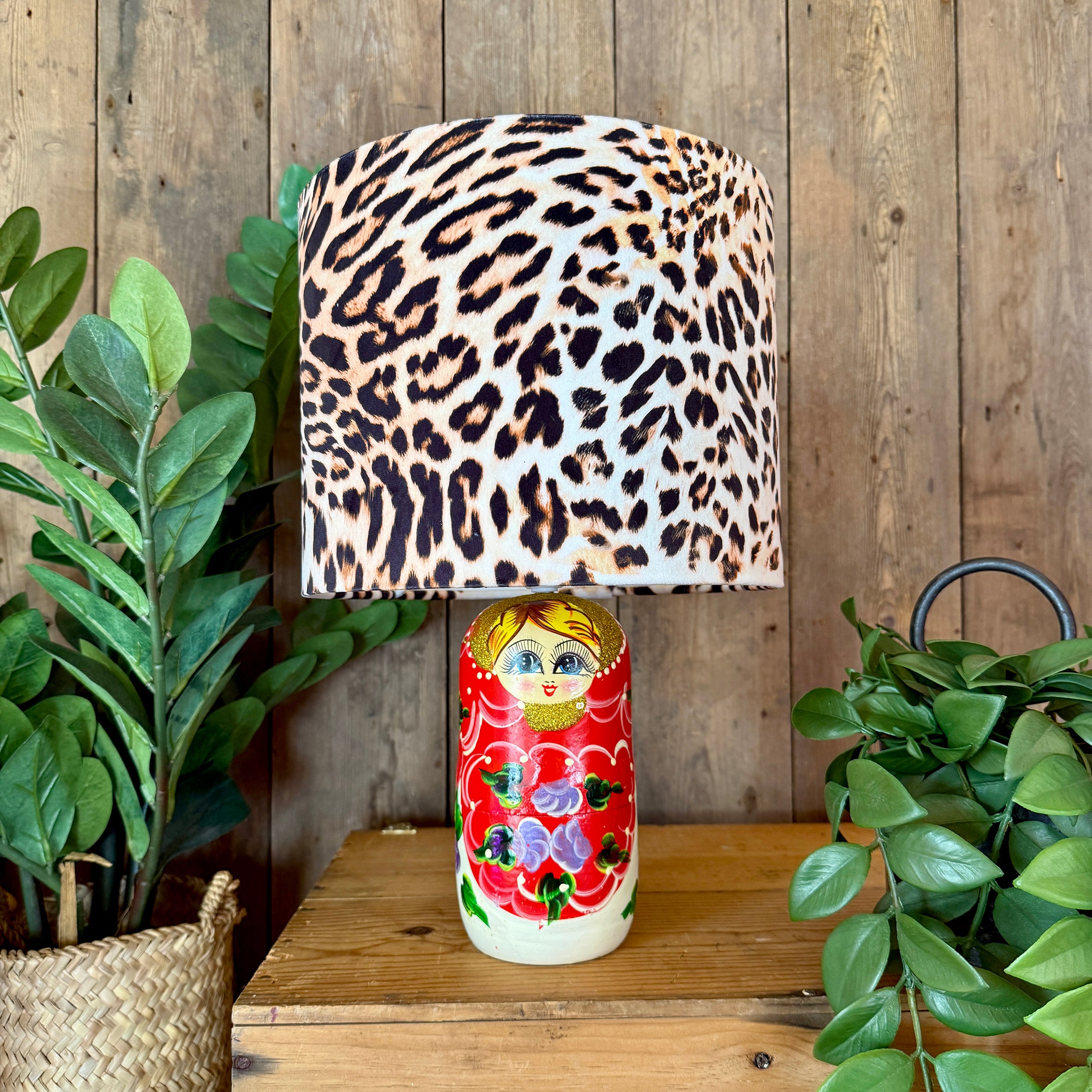 Large Handmade Dinky Doll Cordless Lamp with Luxe Leopard Shade