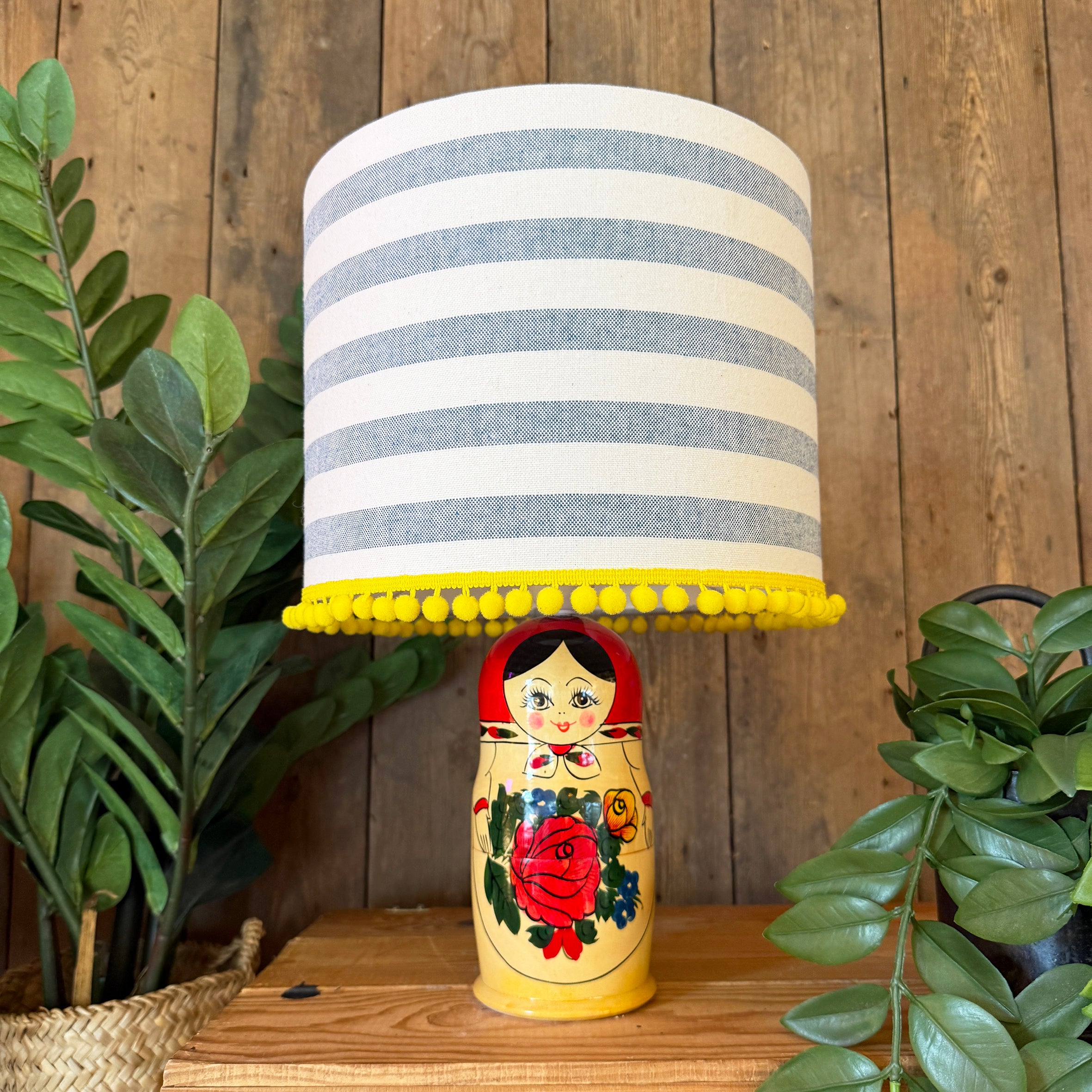 Large Handmade Dinky Doll Cordless Lamp with Blue and White Stripe Shade