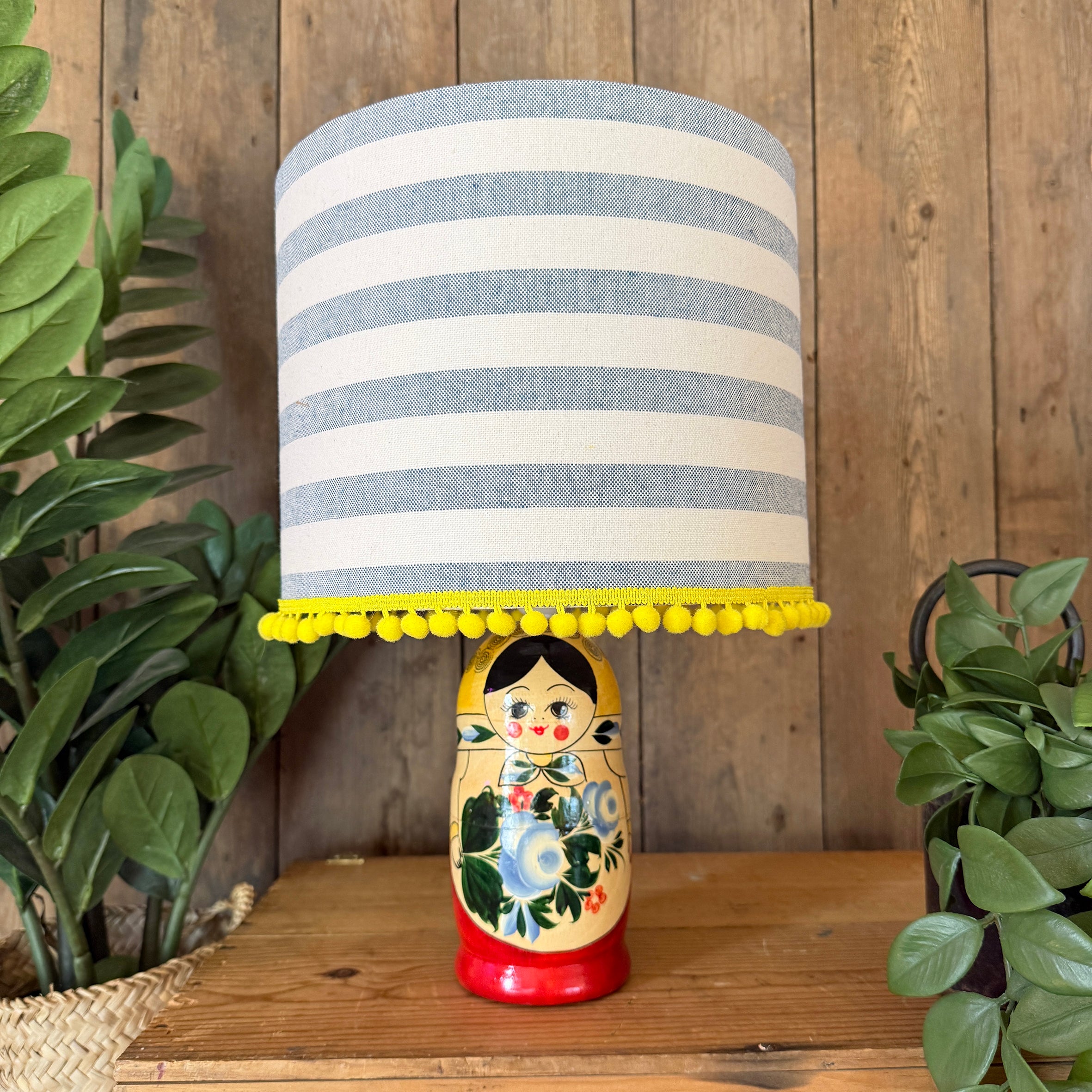 Large Handmade Dinky Doll Cordless Lamp with Blue & White Stripe Shade
