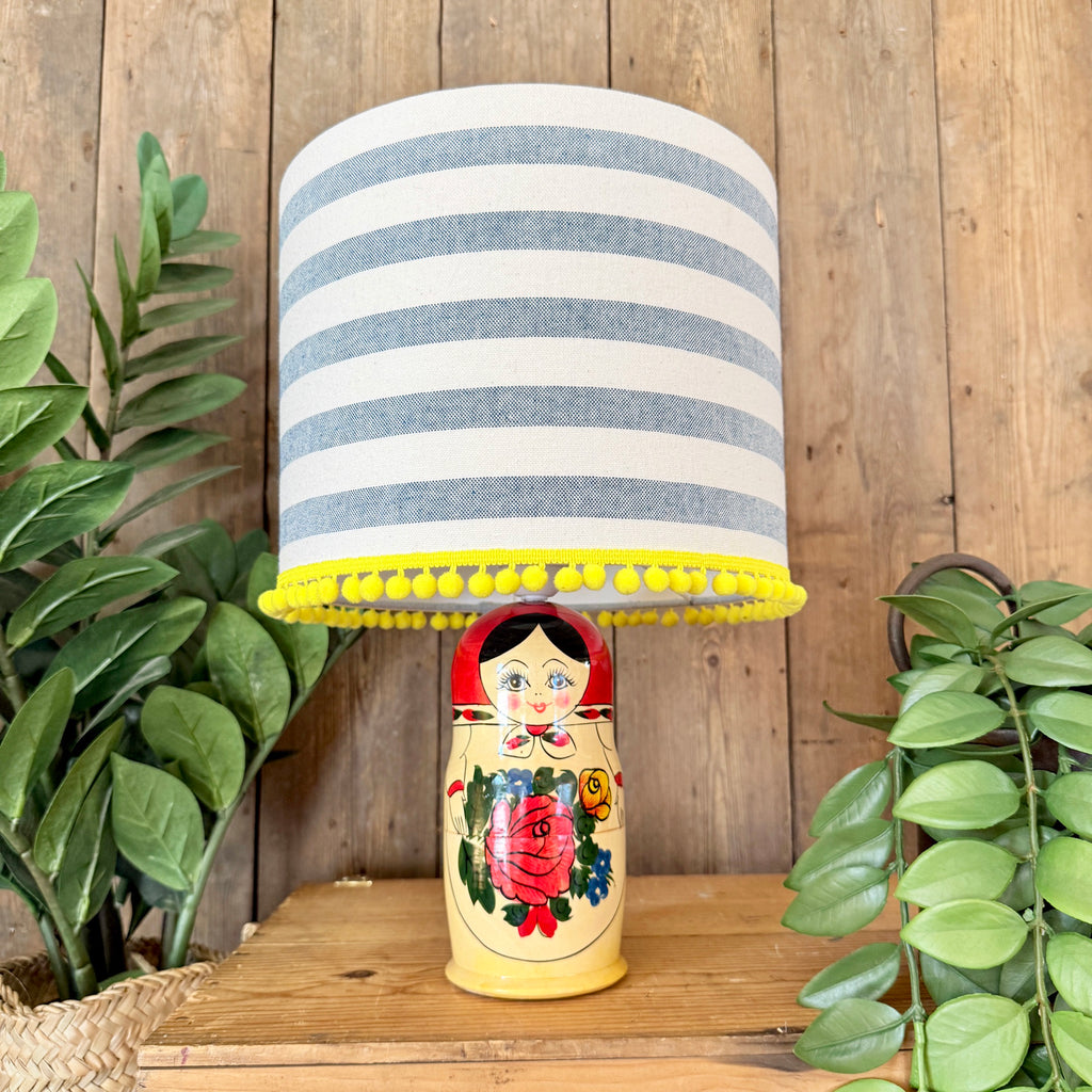 Large Handmade Dinky Doll Cordless Lamp with Blue and White Stripe Shade