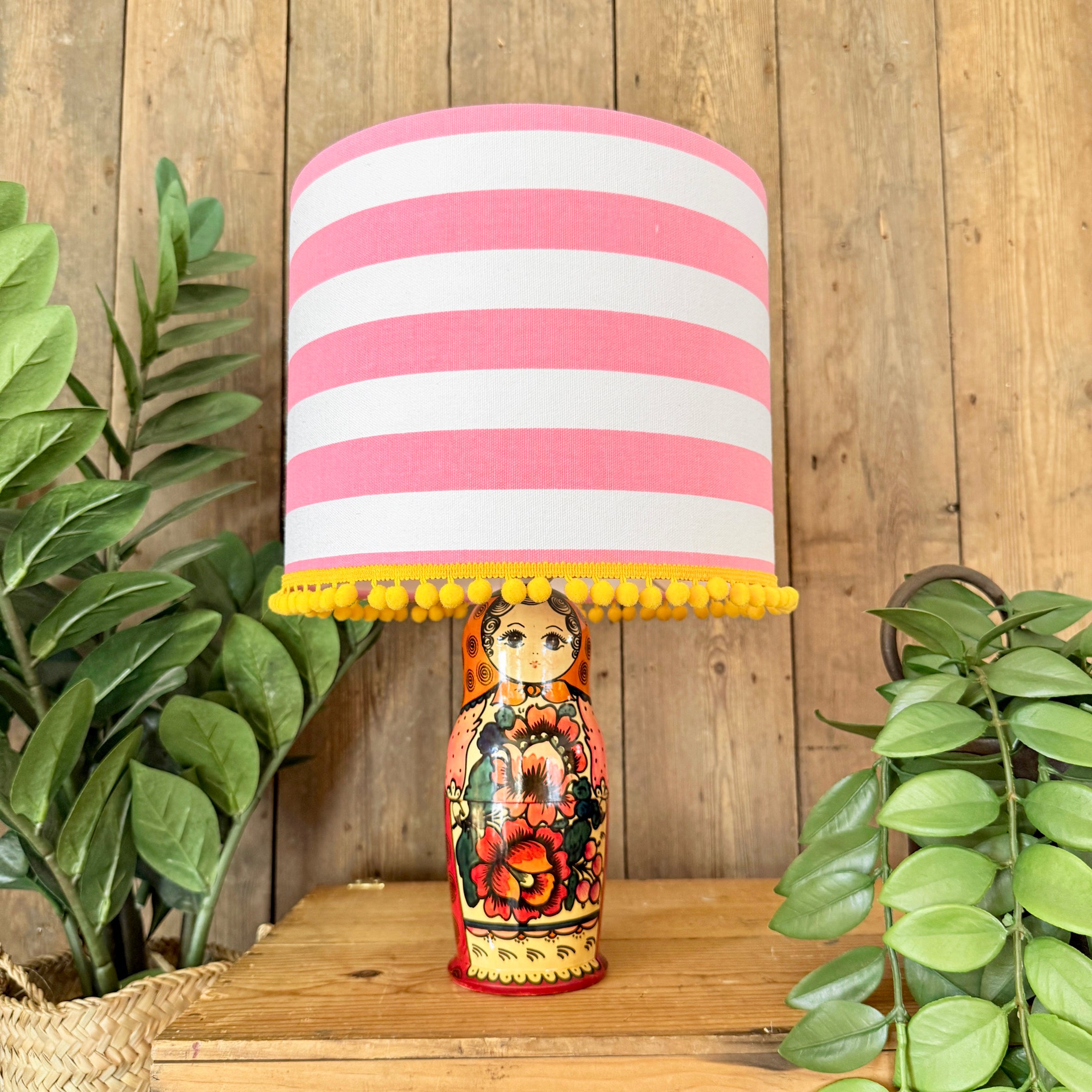 Large Handmade Dinky Doll Cordless Lamp with Pink Stripe Shade