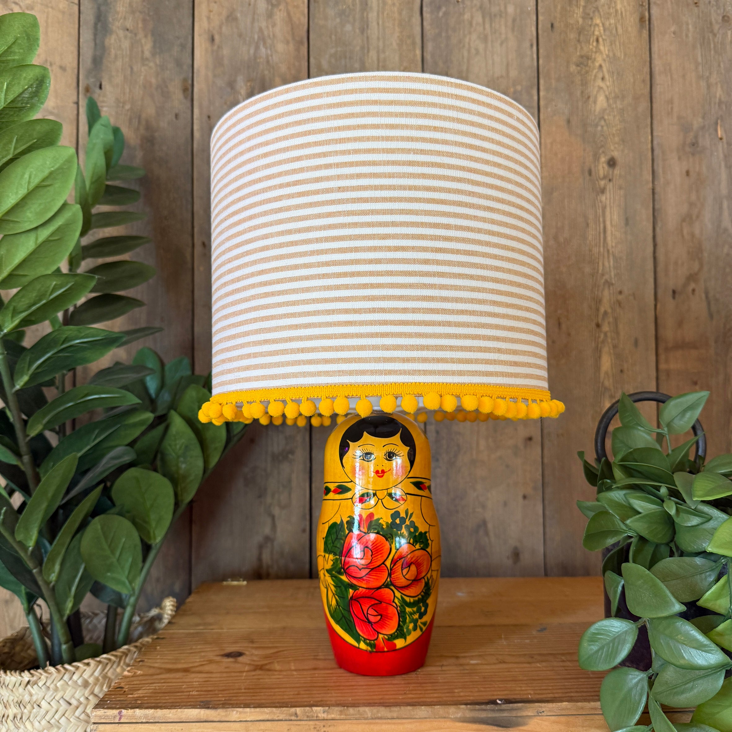 Large Handmade Dinky Doll Cordless Lamp with Sand Candy Stripe Shade
