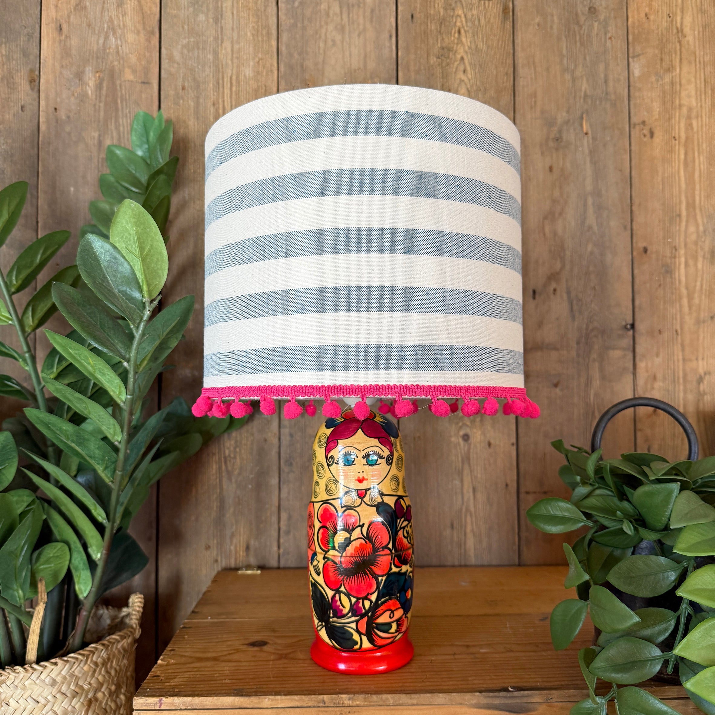 Large Handmade Dinky Doll Cordless Lamp with Blue Stripe Shade