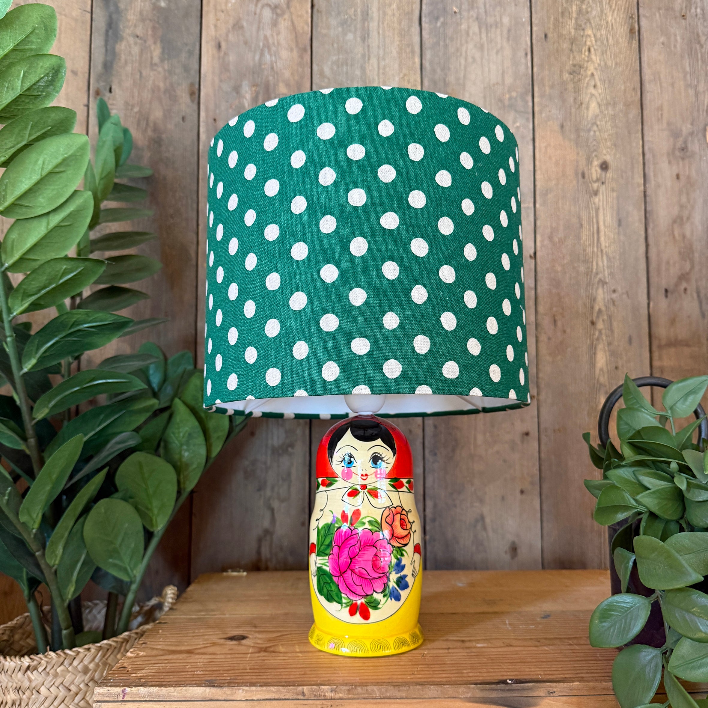 Large Handmade Dinky Doll Cordless Lamp with Clover Green Polka Dot Shade