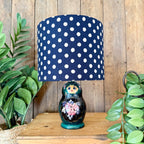 Large Handmade Dinky Doll Cordless Lamp with Navy Polka Dots Shade