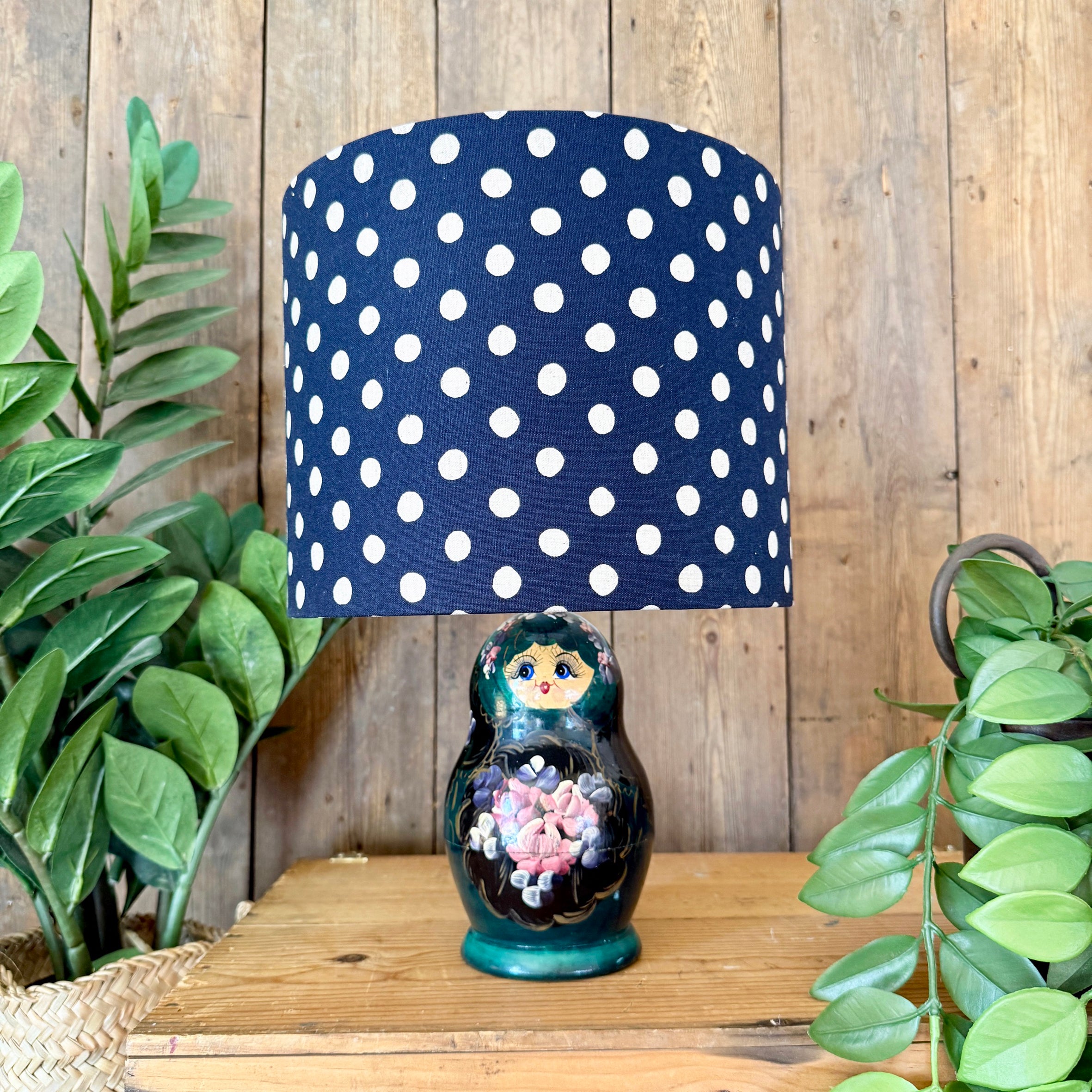 Large Handmade Dinky Doll Cordless Lamp with Navy Polka Dots Shade