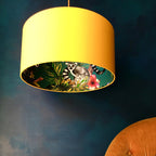 Love Frankie Kooky Lemur Lampshade, teal lemur wallpaper and egg yolk yellow cotton