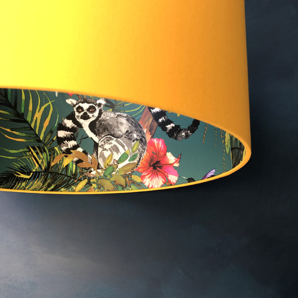Kooky Lemur Lampshade, teal and egg yolk yellow