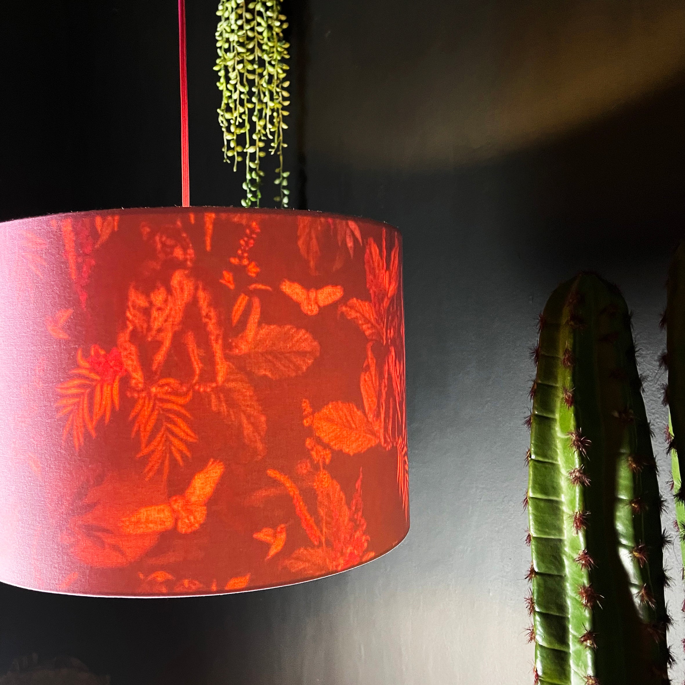 Wild Wood Deadly Night Shade Silhouette Lampshade in Candy Floss. Designed and Handmade by Love Frankie. Light On