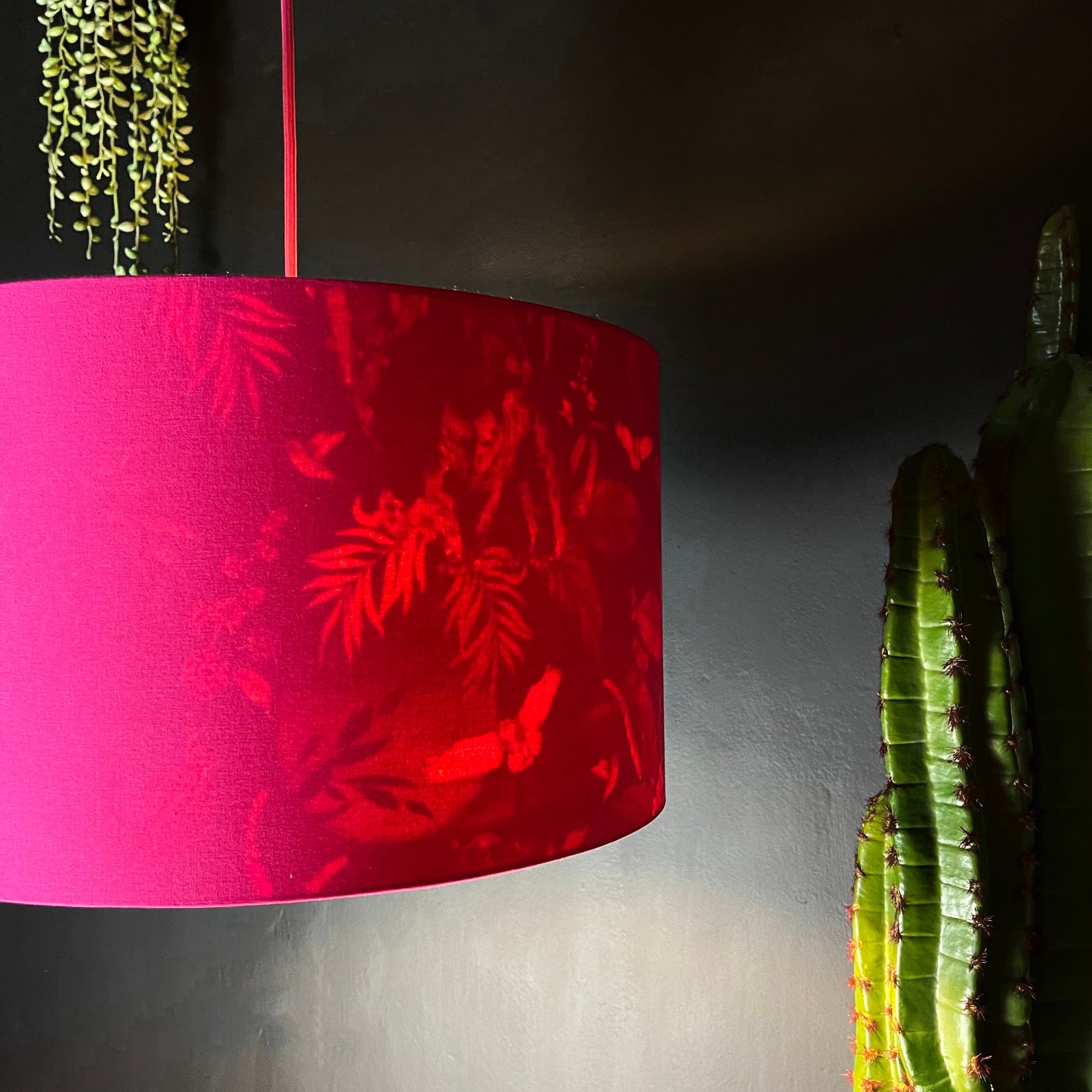 Carbon Deadly Night Shade Silhouette Lampshade in Pomegranate. Designed and Handmade by Love Frankie. Light On