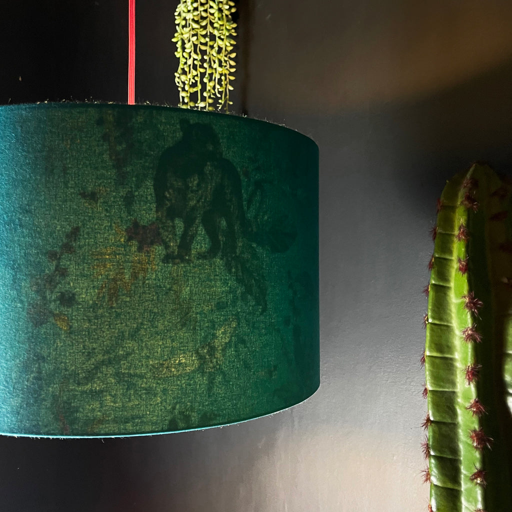 Lithium Deadly Night Shade Silhouette Lampshade in Teal. Handmade and Designed by Love Frankie. Light On