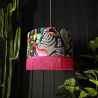 Trippy Tropical Acid Jungle Velvet Lampshade With Pink Fringing