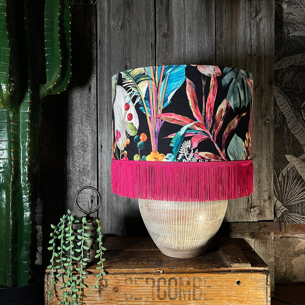 Acid Jungle Lampshade with Gold Lining and Pink Fringing - 16" x 10" - Light Off