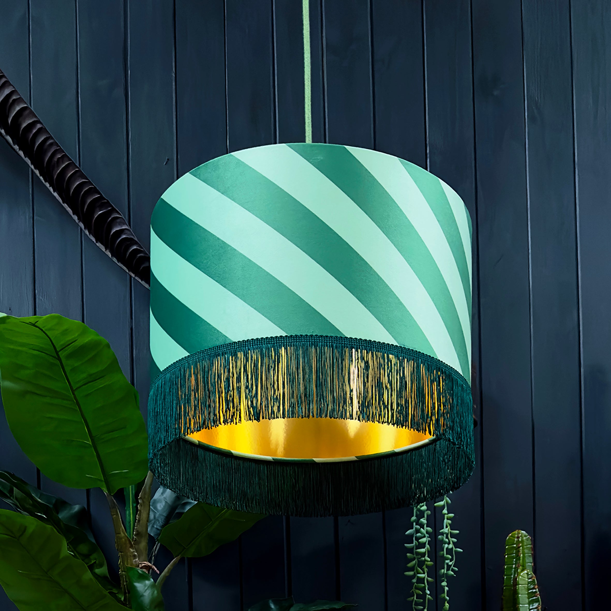 love frankie Helter Skelter lampshade with gold lining and fringing in apple sours