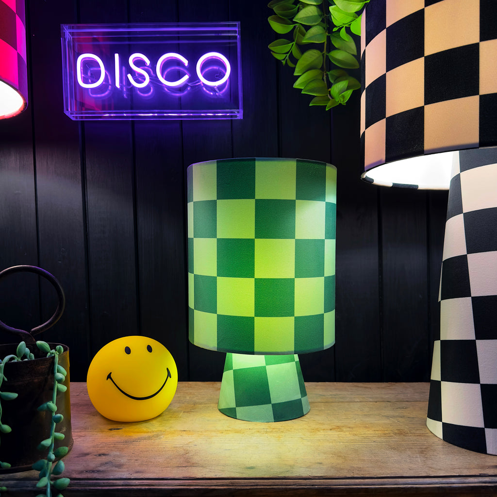 Handmade Checkerboard Velvet lamps in Apple Sours. Green checkerboard lamp, The Shortie