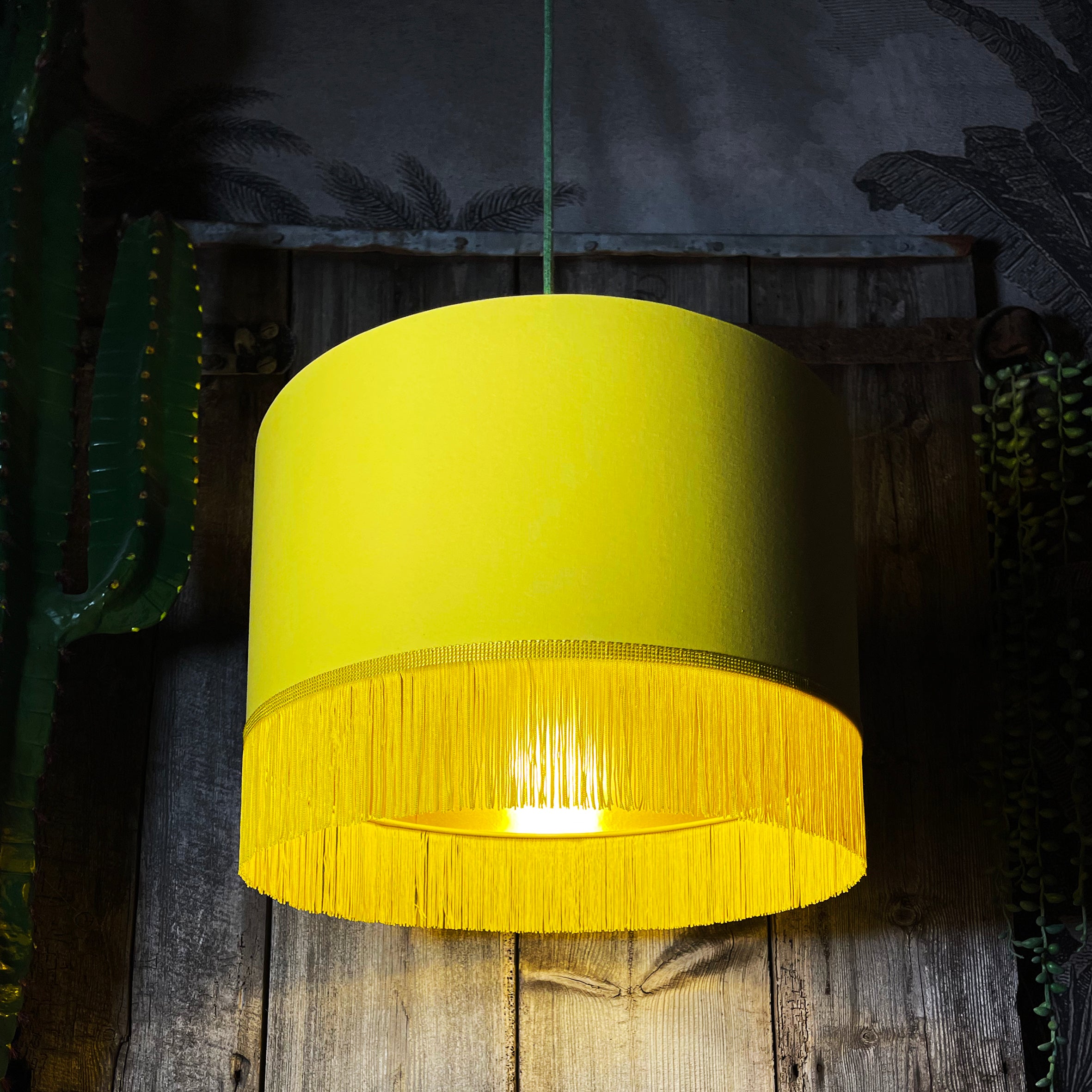 Love Frankie banana cotton lampshade gold lining and fringing light on