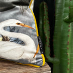 Love Frankie bird song velvet cushion in grey with yellow piping