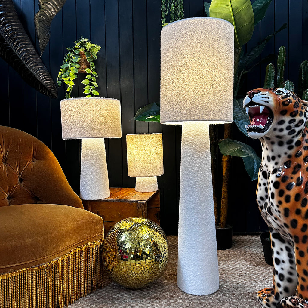 Love Frankie Statement Buttermilk White Boucle Portable Lamps. 3 sizes available with flex cable or rechargeable bulbs. Light On