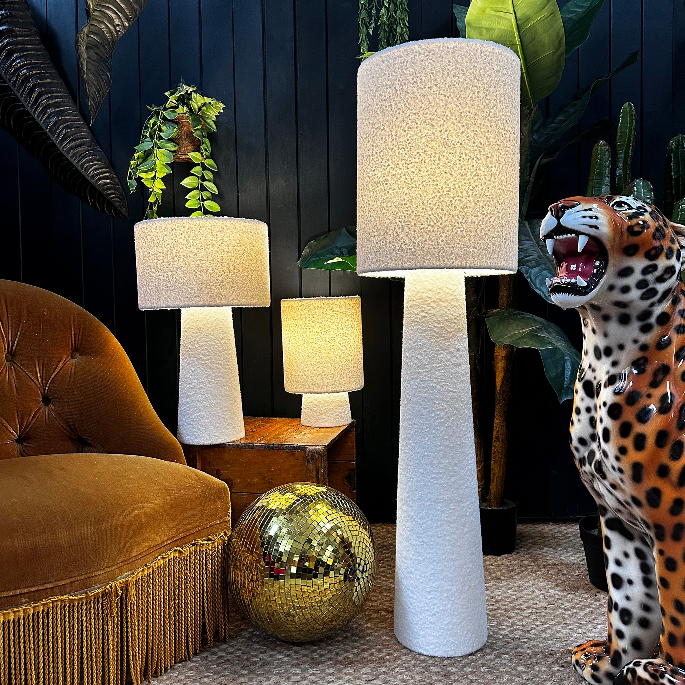 Love Frankie Statement Buttermilk White Boucle Portable Lamps. 3 sizes available with flex cable or rechargeable bulbs. Light On