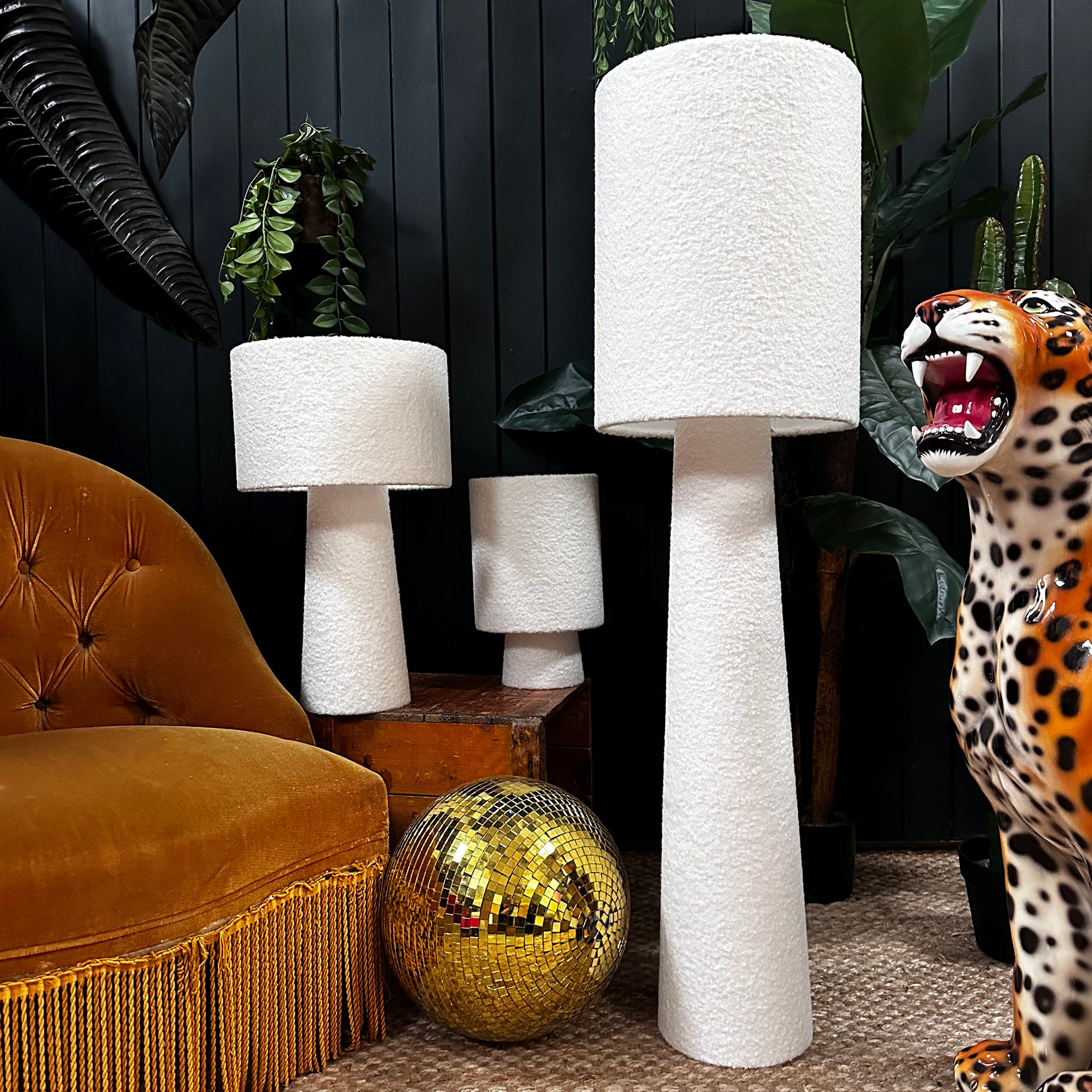 Love Frankie Statement Buttermilk White Boucle Portable Lamps. 3 sizes available with flex cable or rechargeable bulbs. Light Off