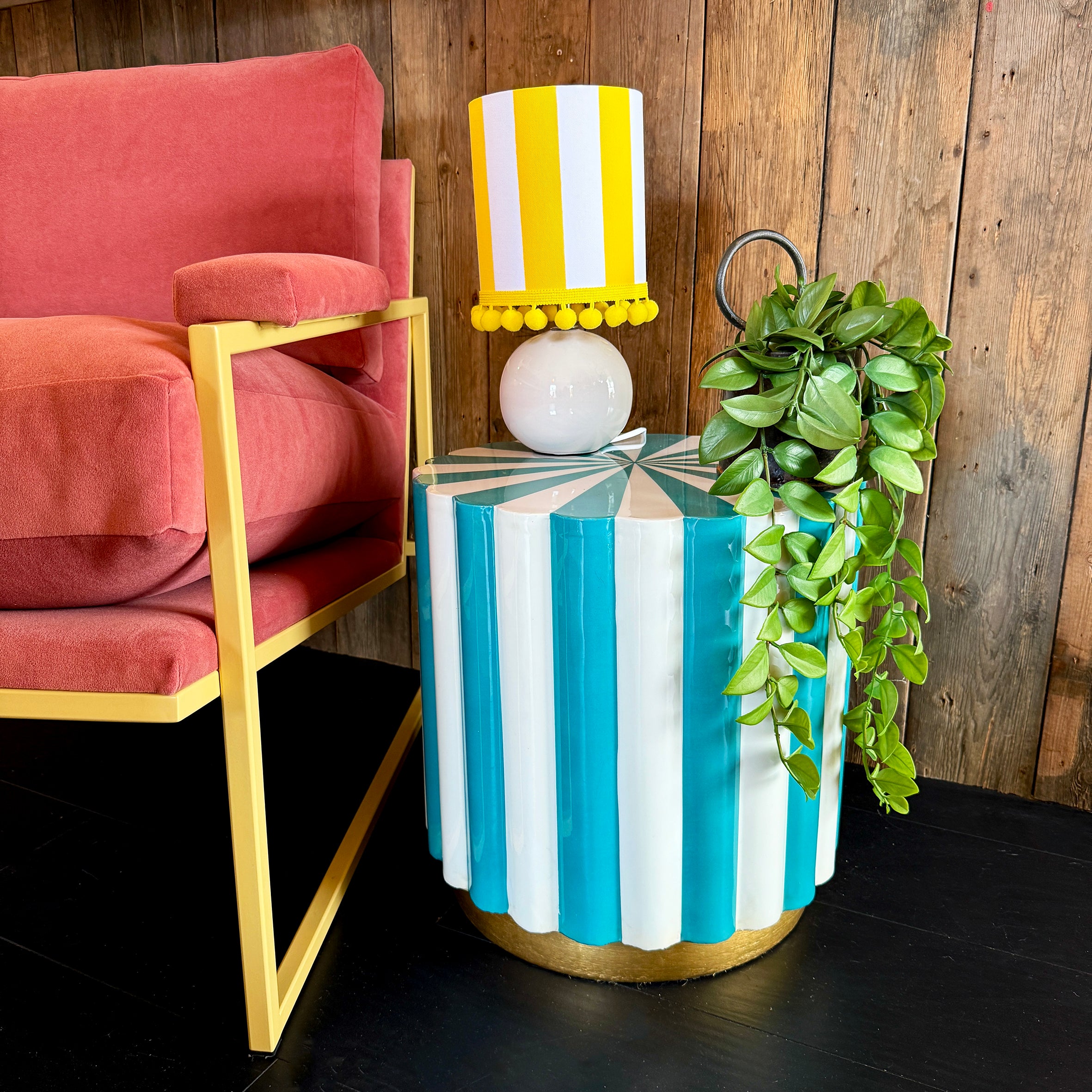 Candy Stripe Side Table or Stool in Turquoise Blue and White