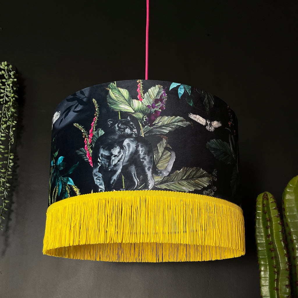 Handmade Fringed Velvet Lampshade in Carbon Black and Sunshine Yellow Fringing