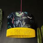 Handmade Fringed Velvet Lampshade in Carbon Black and Sunshine Yellow Fringing