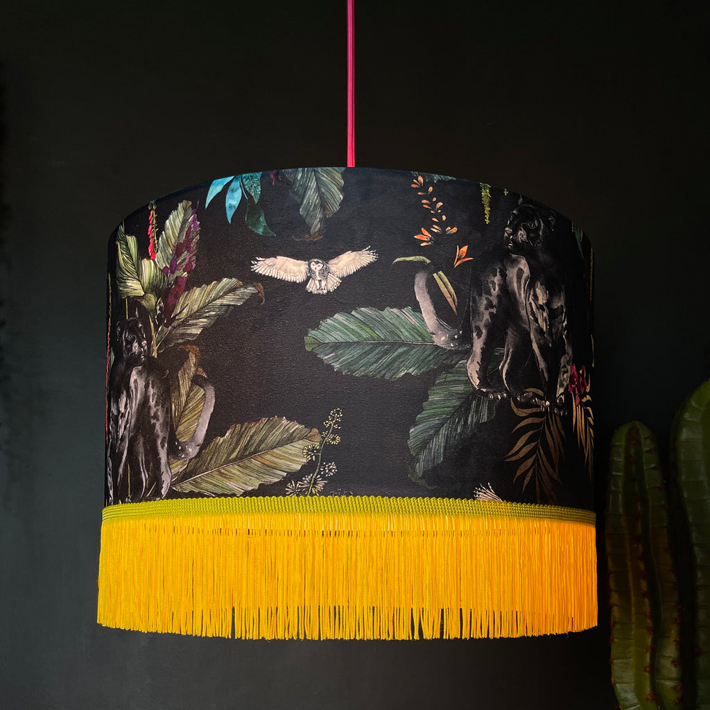 Handmade Fringed Velvet Lampshade in Carbon Black and Sunshine Yellow Fringing Light On