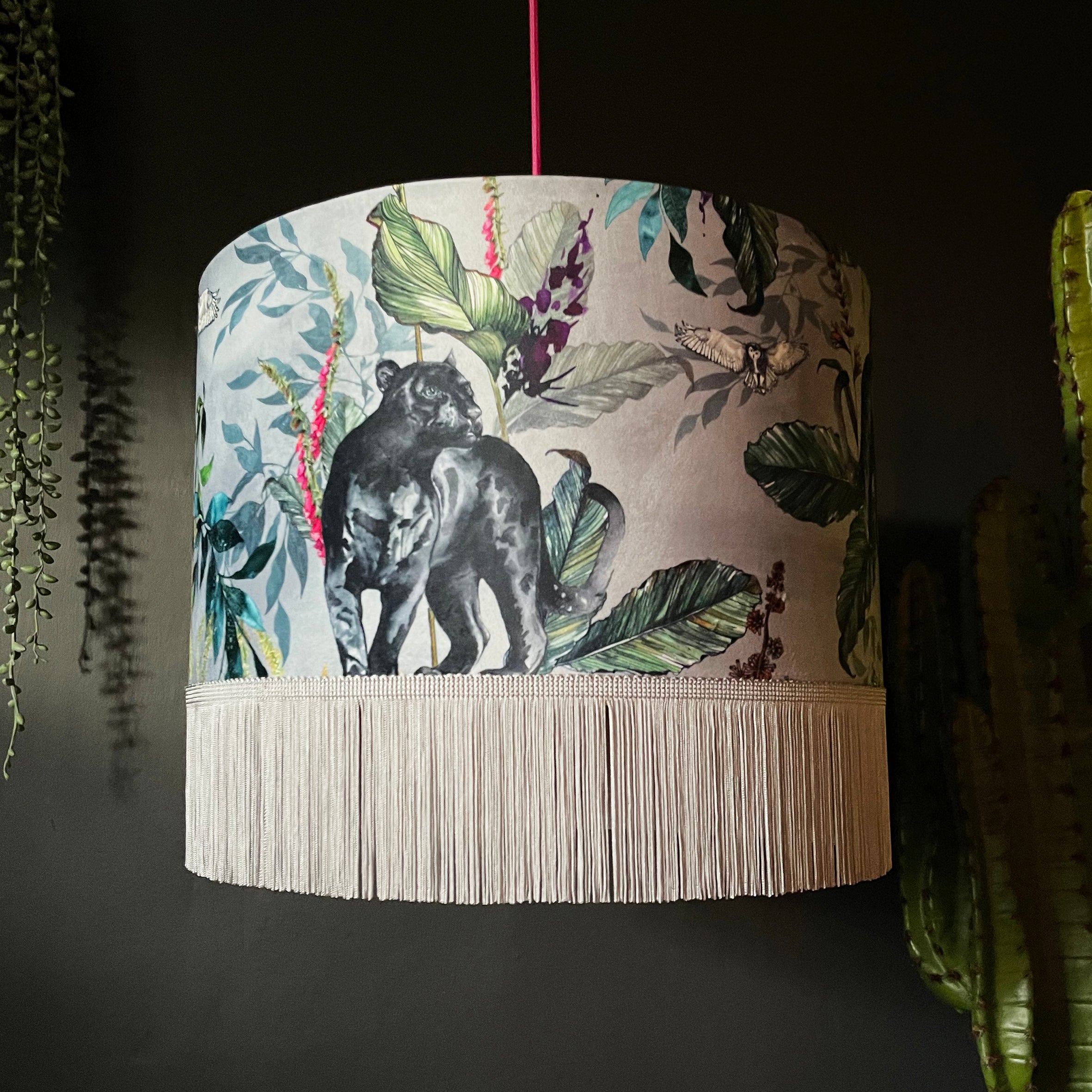 Handmade Fringed Velvet Lampshade in Dust Grey and Cloud Grey Fringing