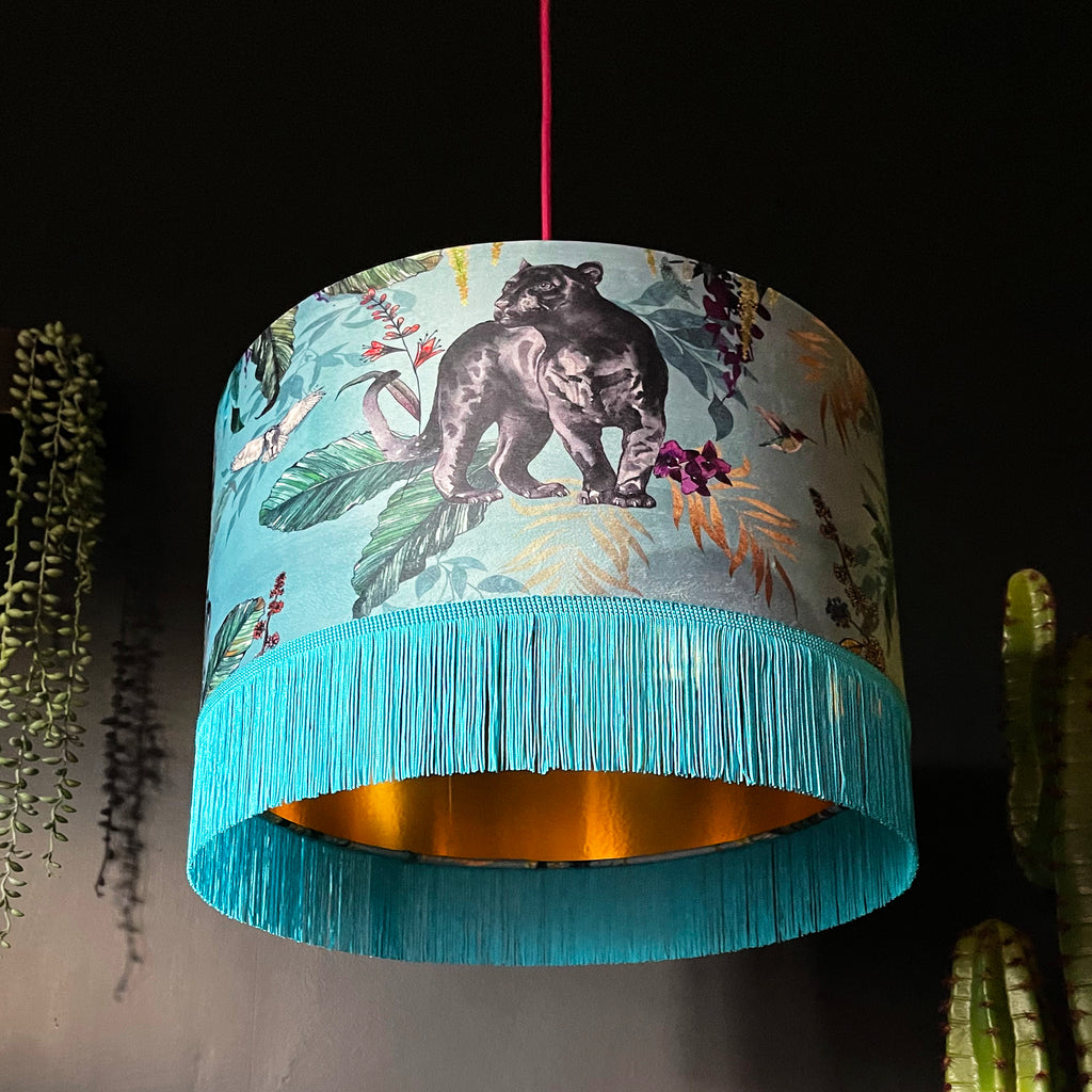 Handmade Fringed Velvet Lampshade with Gold Lining in Lithium