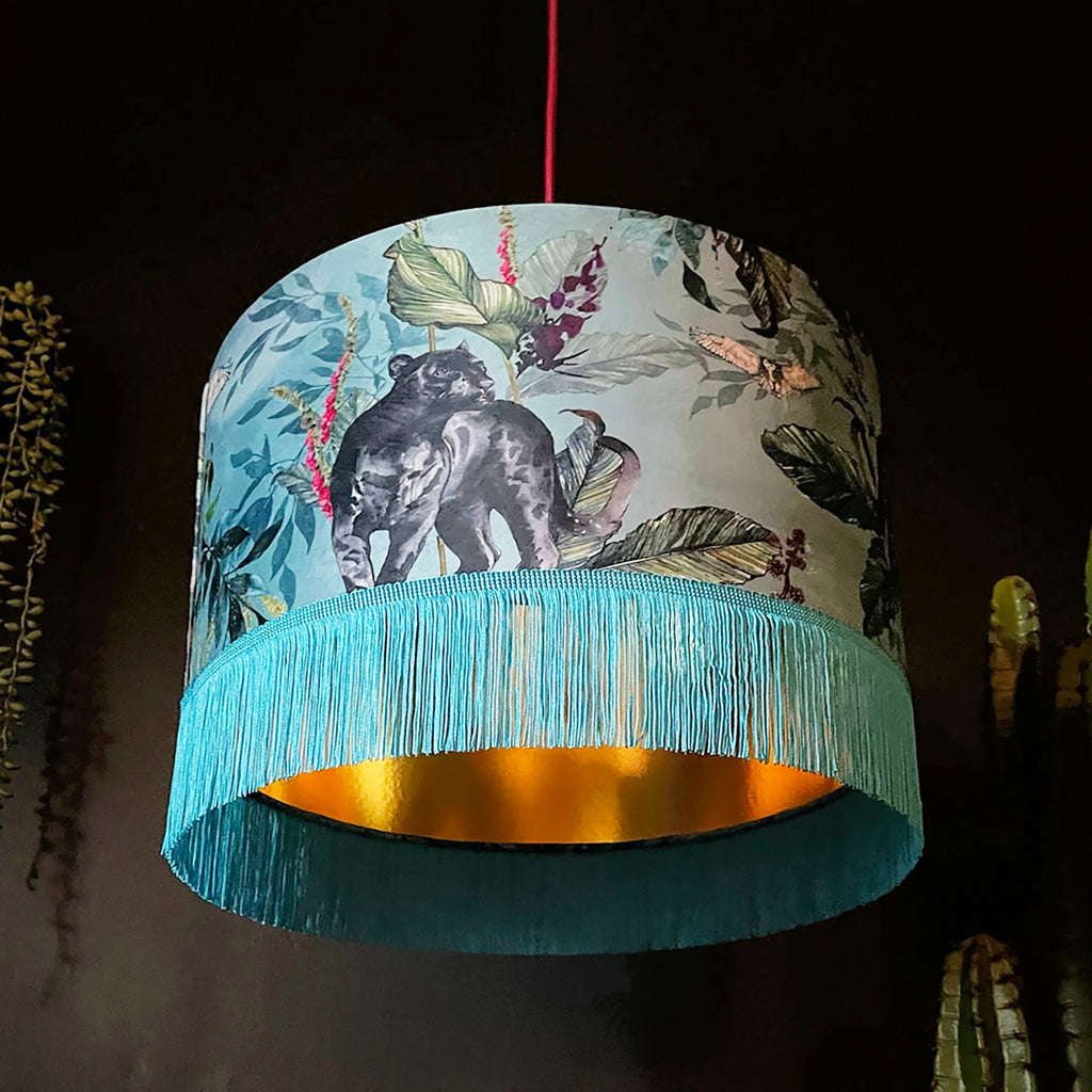 Handmade Fringed Velvet Lampshade with Gold Lining in Lithium