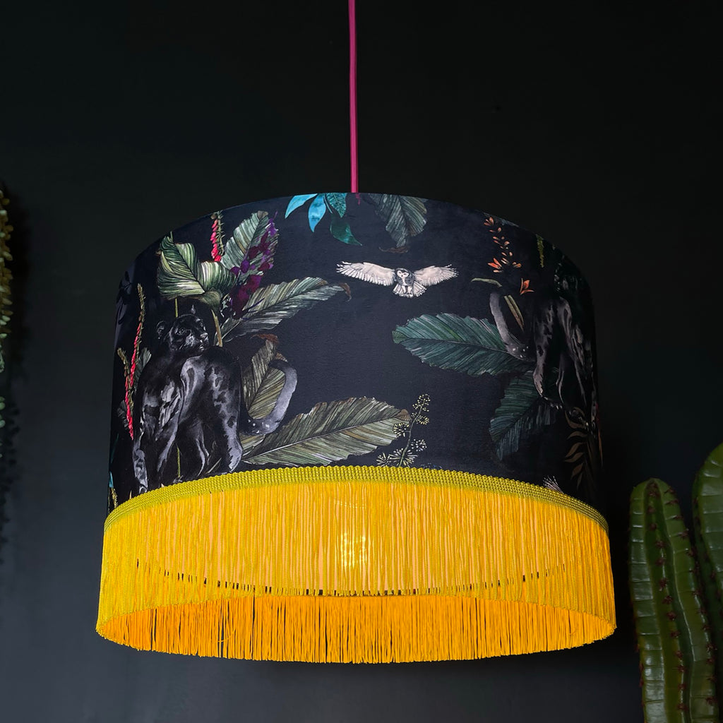 Handmade Fringed Velvet Lampshade in Carbon Black and Sunshine Yellow Fringing Light On