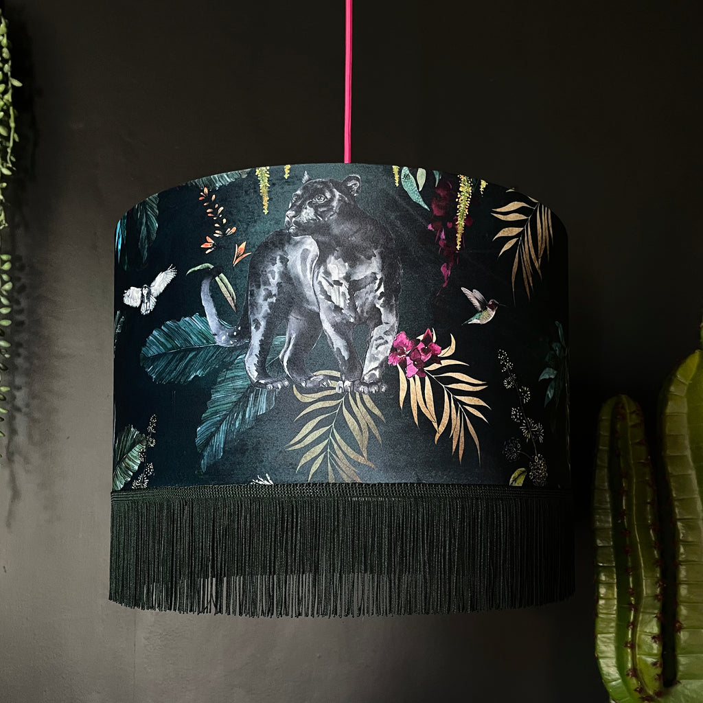 Handmade Fringed Velvet Lampshade in Wild Wood Green and Hunter Green Fringing