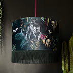 Handmade Fringed Velvet Lampshade in Wild Wood Green and Hunter Green Fringing
