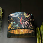 Handmade Fringed Velvet Lampshade in Wild Wood Green and Hunter Green Fringing Light On