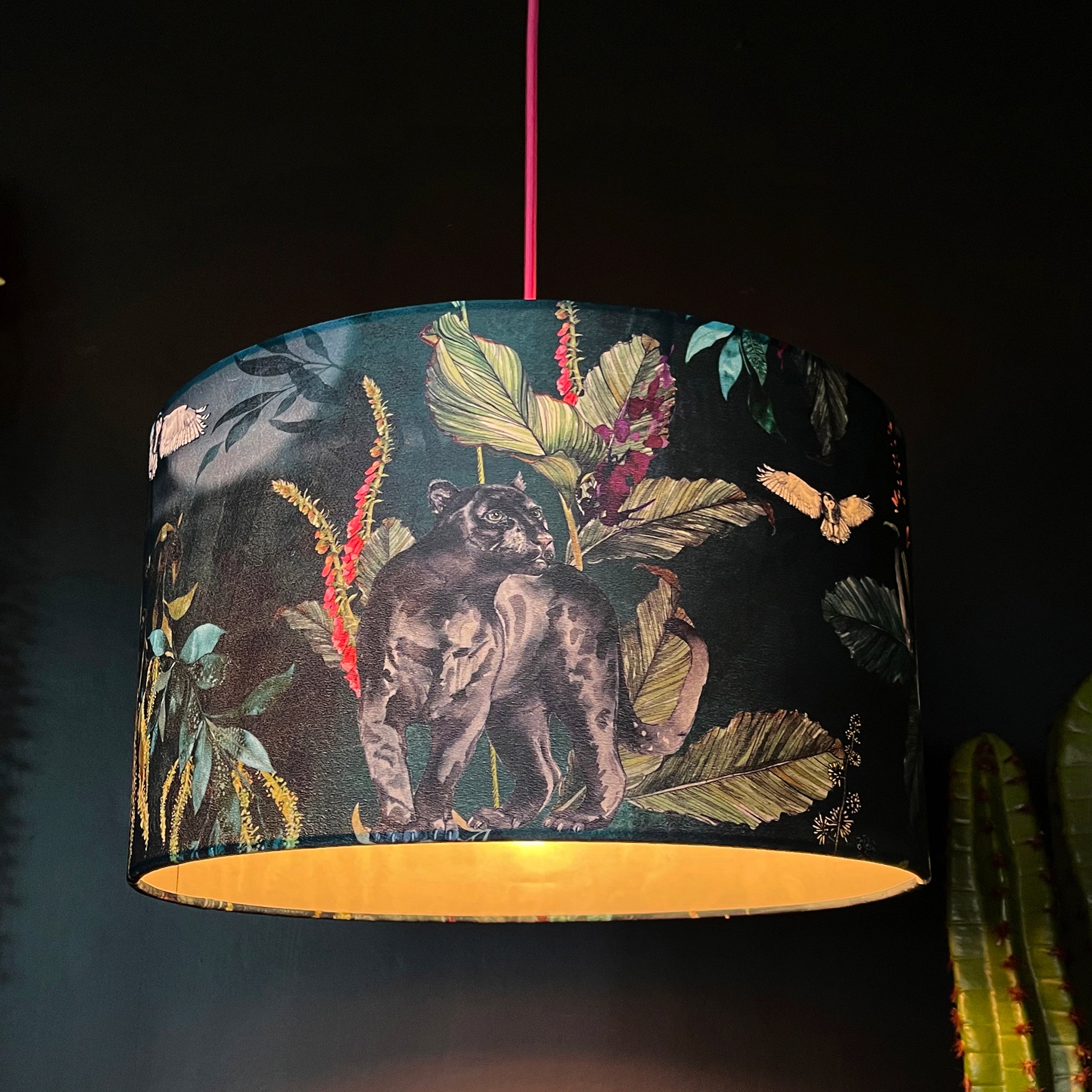 Handmade Velvet Lampshade in Wild Wood Green Light on