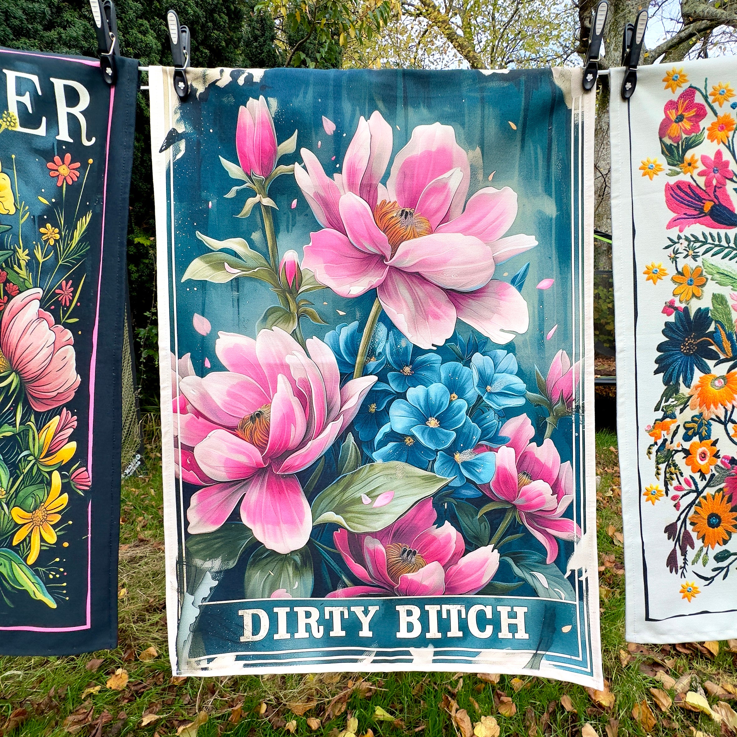 Love Frankie Cheeky Floral Tea Towels - "Dirty Bitch" Designed by Love Frankie and Printed in the UK