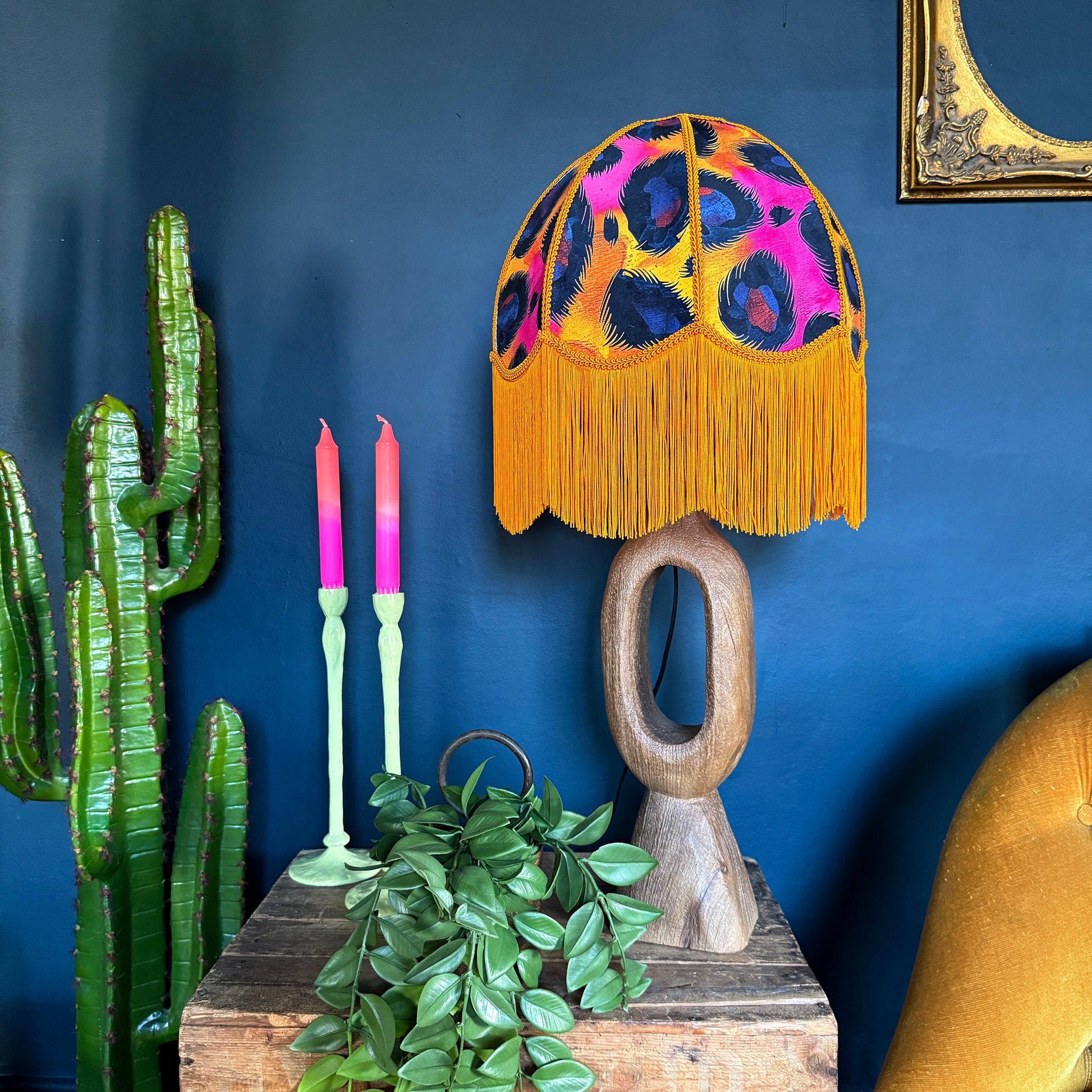 Sadie – Fringed Velvet Lampshade in Electric Leopard Print | Handmade Soft Shade | Vintage Tasselled Lighting | Ceiling or Table Lamp