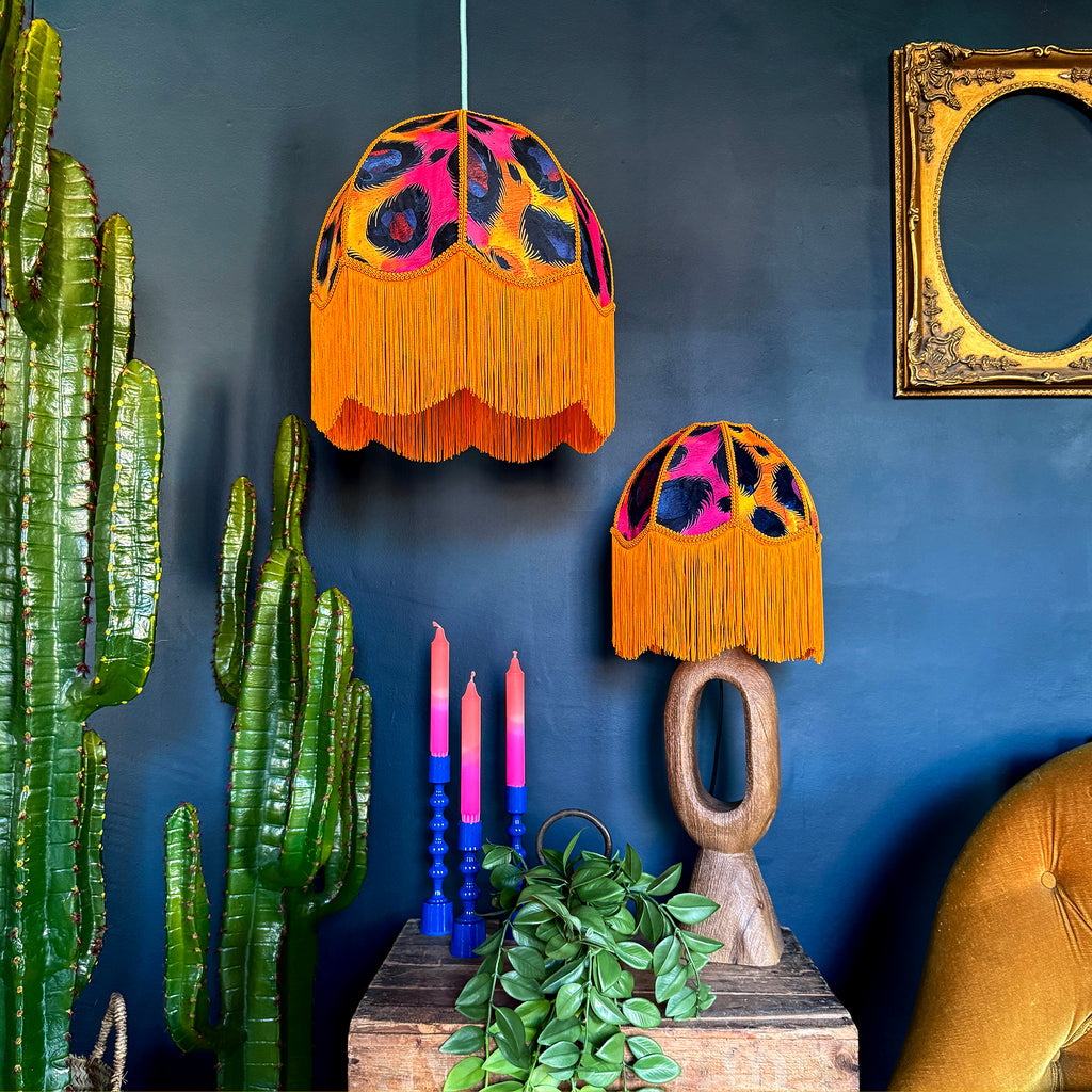 Sadie – Fringed Velvet Lampshade in Electric Leopard Print | Handmade Soft Shade | Vintage Tasselled Lighting | Ceiling or Table Lamp