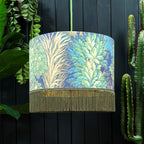 love frankie enchanted woods velvet lampshade with gold lining and olive fringing in emerald