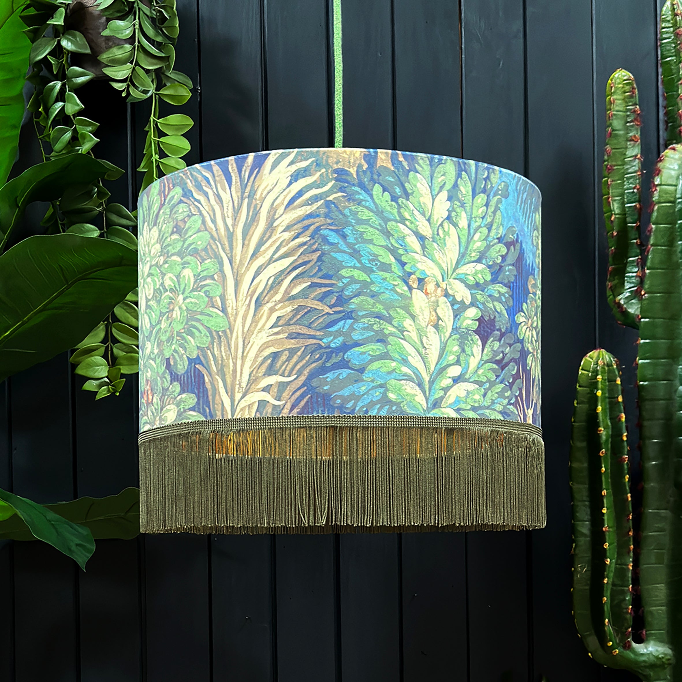 love frankie enchanted woods velvet lampshade with gold lining and olive fringing in emerald