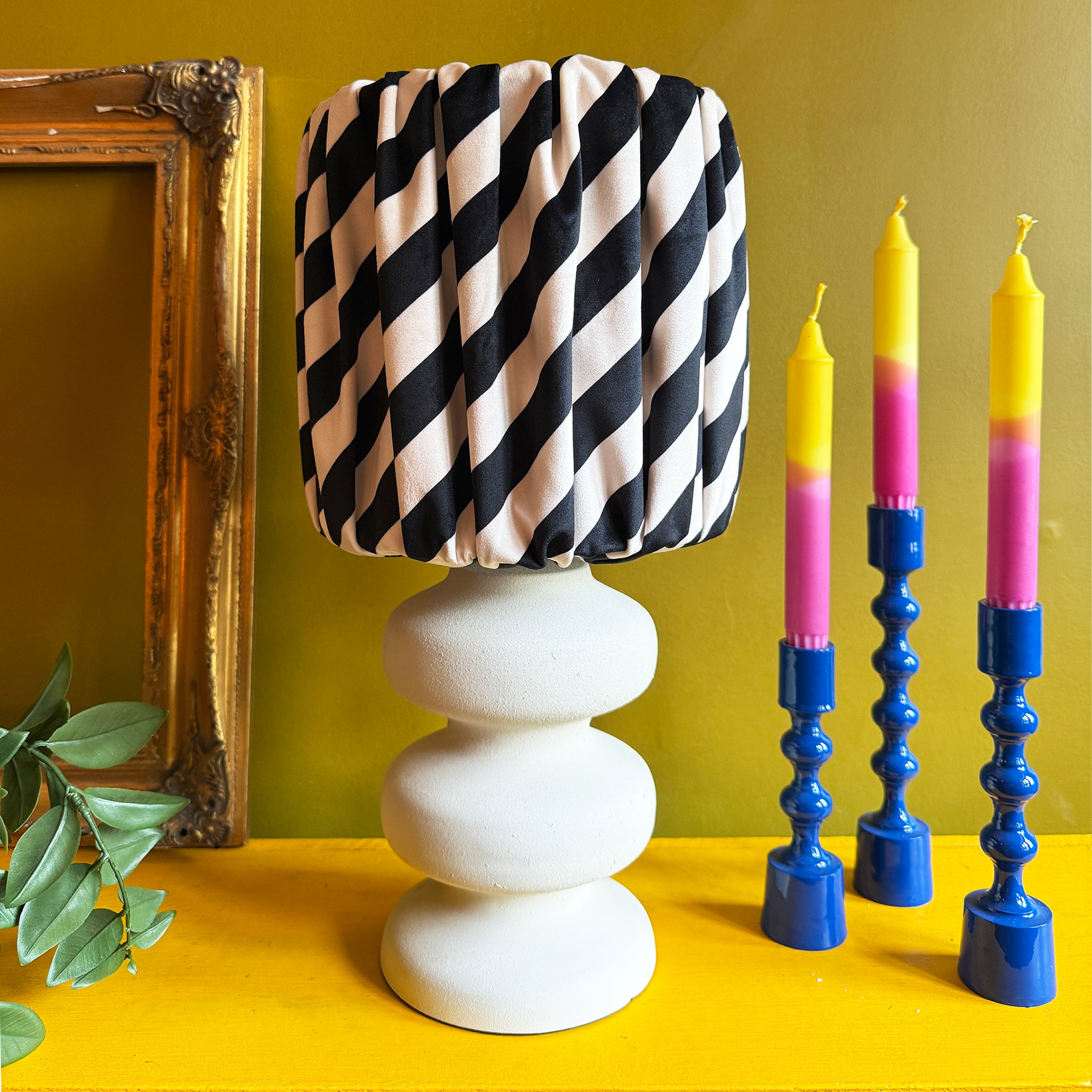 Pebble Table Lamp in White with our Tilted Stripe Gathered Shades